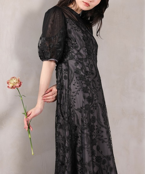 Kana（カナ）の「刺繍レース ウェーブデザイン チュールバルーンスリーブ Aラインワンピースドレス パーティー 結婚式 お呼ばれ オケージョン（ドレス・レディース・ピンク/ライトグレー/ブラック・M）」の8枚目の写真