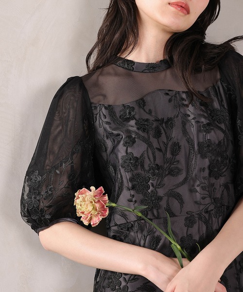 Kana（カナ）の「刺繍レース ウェーブデザイン チュールバルーンスリーブ Aラインワンピースドレス パーティー 結婚式 お呼ばれ オケージョン（ドレス・レディース・ピンク/ライトグレー/ブラック・M）」の10枚目の写真