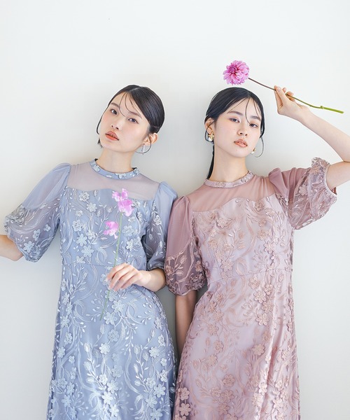 Kana（カナ）の「刺繍レース ウェーブデザイン チュールバルーンスリーブ Aラインワンピースドレス パーティー 結婚式 お呼ばれ オケージョン（ドレス・レディース・ピンク/ライトグレー/ブラック・M）」の14枚目の写真