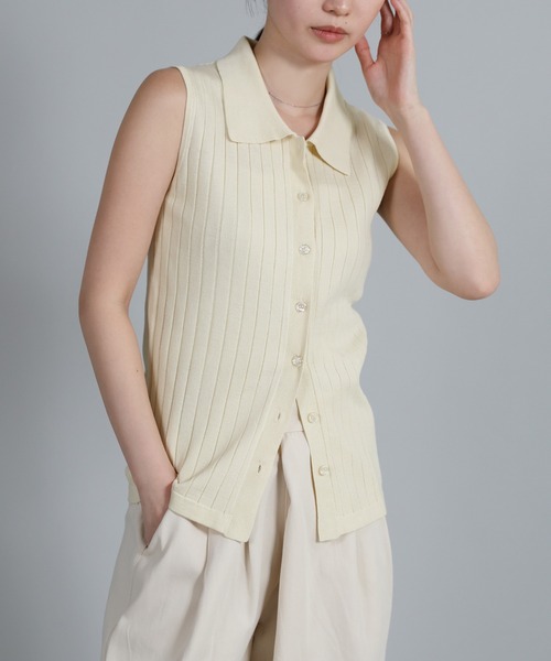 select MOCA Et（セレクトモカエト）の「【Et】Polo Collar Rib Sleeveless Tops（カーディガン/ボレロ・レディース・アイボリー/ネイビー/ブラウン・FREE）」の2枚目の写真
