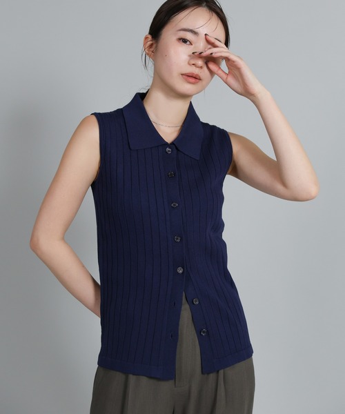 select MOCA Et（セレクトモカエト）の「【Et】Polo Collar Rib Sleeveless Tops（カーディガン/ボレロ・レディース・アイボリー/ネイビー/ブラウン・FREE）」の4枚目の写真
