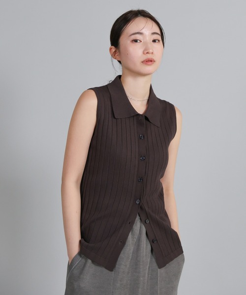 select MOCA Et（セレクトモカエト）の「【Et】Polo Collar Rib Sleeveless Tops（カーディガン/ボレロ・レディース・アイボリー/ネイビー/ブラウン・FREE）」の6枚目の写真