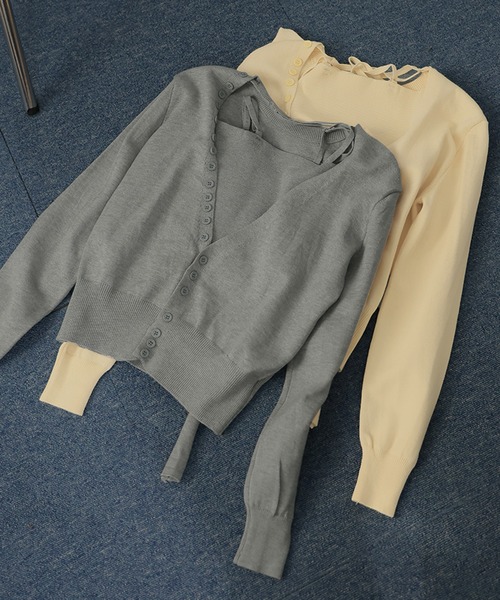 Ulysses(ユリシス)の「チョーカー付きボタンデザインカーディガン×キャミセット(カーディガン/ボレロ・レディース・ベージュ/グレー・F)」の5枚目の写真