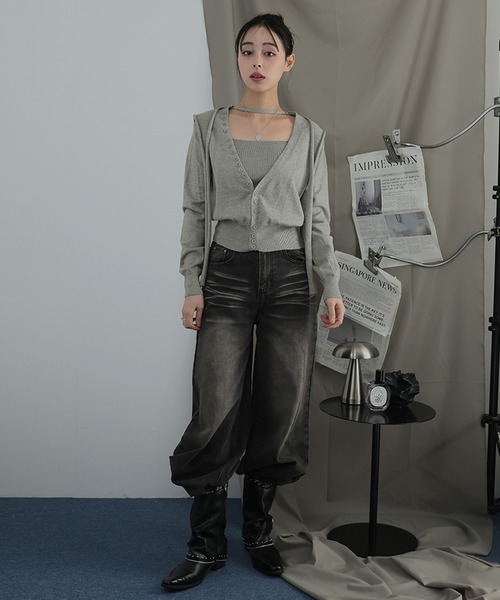 Ulysses(ユリシス)の「チョーカー付きボタンデザインカーディガン×キャミセット(カーディガン/ボレロ・レディース・ベージュ/グレー・F)」の6枚目の写真