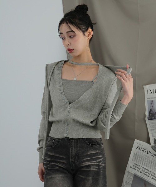 Ulysses(ユリシス)の「チョーカー付きボタンデザインカーディガン×キャミセット(カーディガン/ボレロ・レディース・ベージュ/グレー・F)」の17枚目の写真