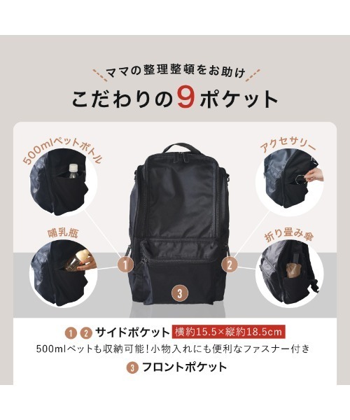 LASIEM(ラシエム)の「マザーズバッグ マザーズリュック バッグ 背面ポケット 大容量 27L レディース メンズ ナイロン(バックパック/リュック・レディース・ブラック・FREE)」の8枚目の写真