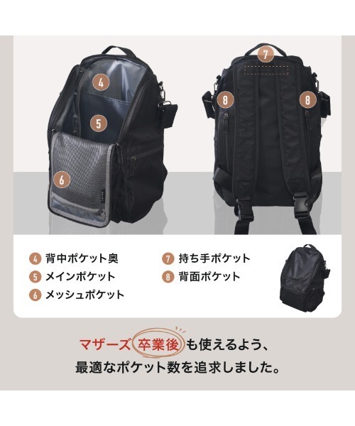 LASIEM(ラシエム)の「マザーズバッグ マザーズリュック バッグ 背面ポケット 大容量 27L レディース メンズ ナイロン(バックパック/リュック・レディース・ブラック・FREE)」の9枚目の写真