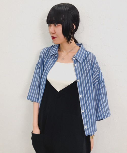 niko and...（ニコアンド）の「[MODE NORM CORE] シアー先染めコクーンシャツ（シャツ/ブラウス・レディース・ブルー/オフホワイト/ブラック・FREE）」の4枚目の写真