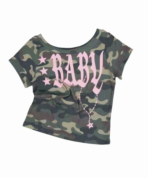 ViViDAY(ビビデー)の「フロント英字&星ロゴ カモフラ柄ショートtシャツ(Tシャツ/カットソー・レディース・カーキ/ピンク/ホワイト・M)」の3枚目の写真