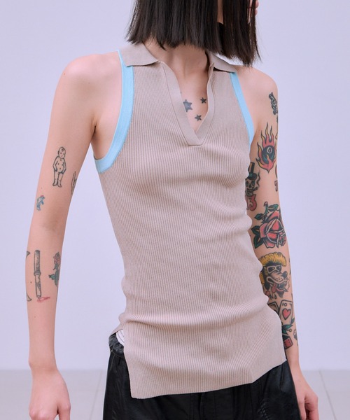 THINGS THAT MATTER(シングス ザット マター)の「AMERICAN SLEEVE KNIT POLO / アメリカン スリーブ ニット ポロ(タンクトップ・レディース・オフホワイト/ブラック/ブラウン/ベージュ・FREE)」の4枚目の写真