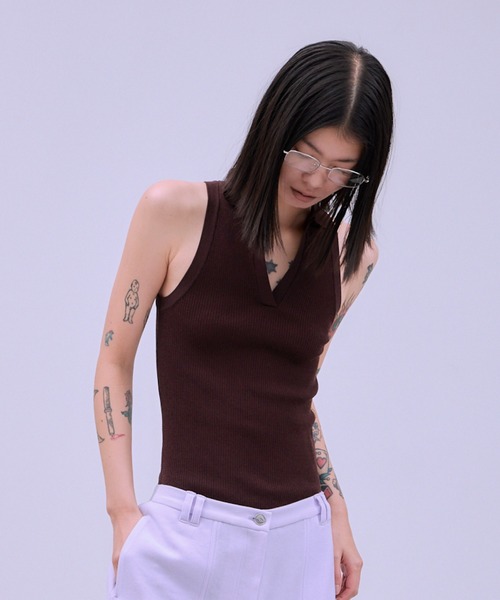 THINGS THAT MATTER(シングス ザット マター)の「AMERICAN SLEEVE KNIT POLO / アメリカン スリーブ ニット ポロ(タンクトップ・レディース・オフホワイト/ブラック/ブラウン/ベージュ・FREE)」の3枚目の写真