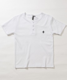 【13】ワンポイントクロス/ピグメント加工 ジャストフィット ワッフル ヘンリーネックTシャツ