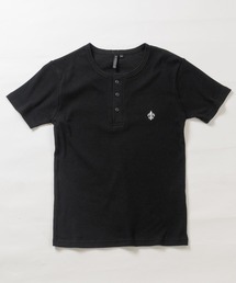 【13】ワンポイントクロス/ピグメント加工 ジャストフィット ワッフル ヘンリーネックTシャツ