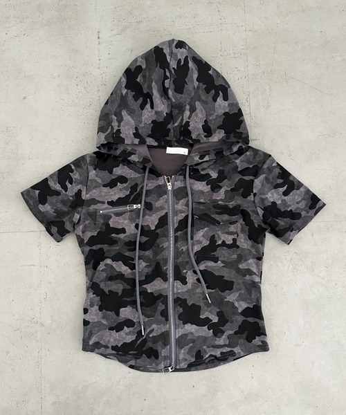 Bamm(バム)の「カモフラ柄ダブルジップ半袖フーディートップス(Tシャツ/カットソー・レディース・グレー/カーキ・FREE)」の9枚目の写真