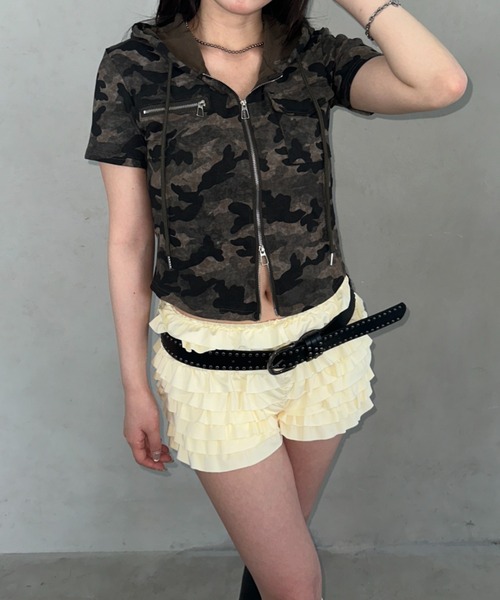 Bamm(バム)の「カモフラ柄ダブルジップ半袖フーディートップス(Tシャツ/カットソー・レディース・グレー/カーキ・FREE)」の11枚目の写真