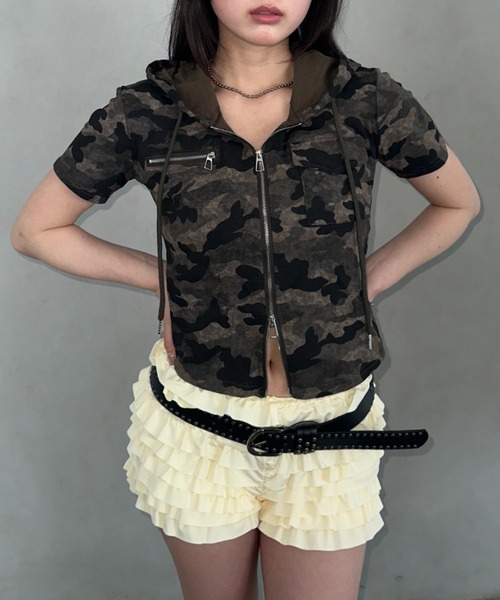 Bamm(バム)の「カモフラ柄ダブルジップ半袖フーディートップス(Tシャツ/カットソー・レディース・グレー/カーキ・FREE)」の14枚目の写真