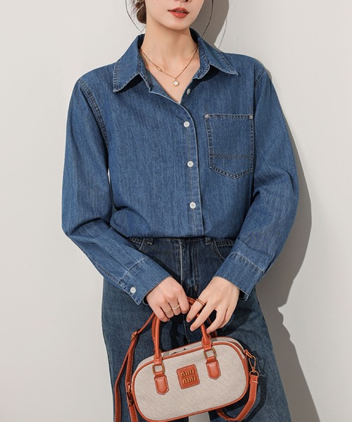 2ly2(トゥーリートゥー)の「デニムシャツ レディース 長袖 羽織り ゆったり ロング丈 カジュアル(シャツ/ブラウス・レディース・ライトブルー/ダークブルー・FREE)」の9枚目の写真