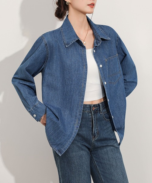 2ly2(トゥーリートゥー)の「デニムシャツ レディース 長袖 羽織り ゆったり ロング丈 カジュアル(シャツ/ブラウス・レディース・ライトブルー/ダークブルー・FREE)」の10枚目の写真