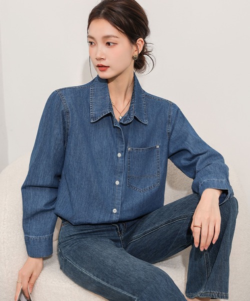 2ly2(トゥーリートゥー)の「デニムシャツ レディース 長袖 羽織り ゆったり ロング丈 カジュアル(シャツ/ブラウス・レディース・ライトブルー/ダークブルー・FREE)」の12枚目の写真