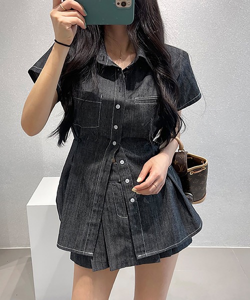 Girly Doll(ガーリードール)の「【セットアップ】サイドボタンデニムシャツ×ミニスカート(セットアップ・レディース・ブラック/ホワイト・F)」の3枚目の写真