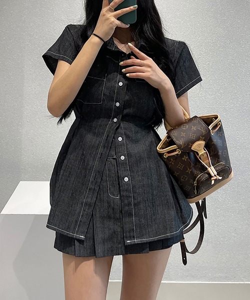 Girly Doll(ガーリードール)の「【セットアップ】サイドボタンデニムシャツ×ミニスカート(セットアップ・レディース・ブラック/ホワイト・F)」の4枚目の写真