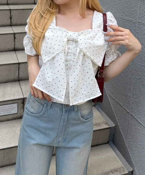 Another Branch olive des olive(アナザーブランチオリーブデオリーブ)の「BIGリボンブラウス(シャツ/ブラウス・レディース・その他11/サックスブルー/ドット/ネイビー・FREE)」の5枚目の写真