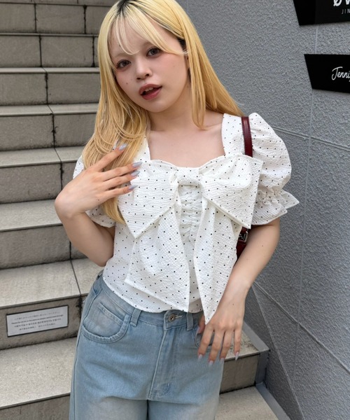 Another Branch olive des olive(アナザーブランチオリーブデオリーブ)の「BIGリボンブラウス(シャツ/ブラウス・レディース・その他11/サックスブルー/ドット/ネイビー・FREE)」の6枚目の写真