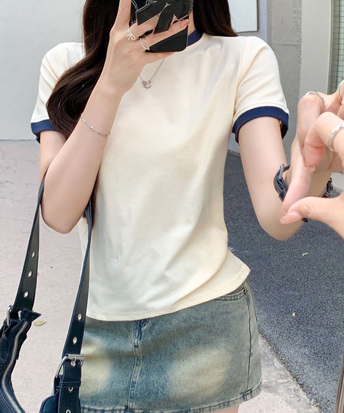 LAFFMO（ラフモ）の「リンガーベーシックTシャツ（Tシャツ/カットソー・レディース・ネイビー/ベージュ・L/M）」の5枚目の写真