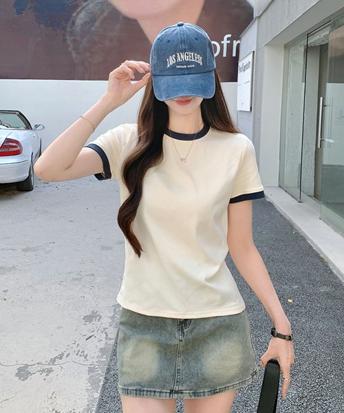 LAFFMO（ラフモ）の「リンガーベーシックTシャツ（Tシャツ/カットソー・レディース・ネイビー/ベージュ・L/M）」の6枚目の写真