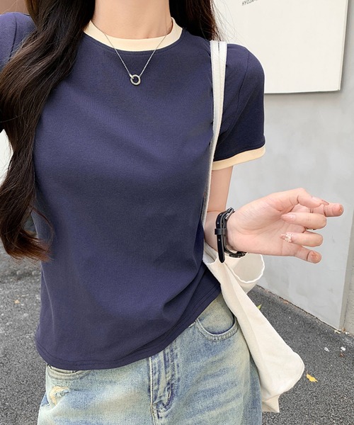 LAFFMO（ラフモ）の「リンガーベーシックTシャツ（Tシャツ/カットソー・レディース・ネイビー/ベージュ・L/M）」の8枚目の写真