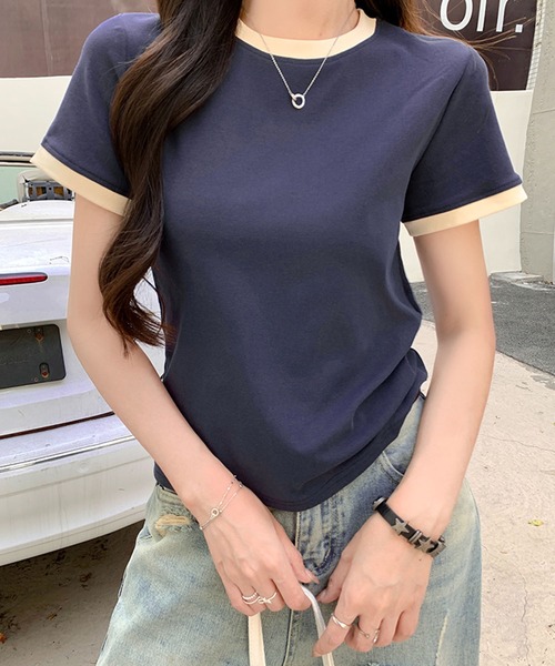 LAFFMO（ラフモ）の「リンガーベーシックTシャツ（Tシャツ/カットソー・レディース・ネイビー/ベージュ・L/M）」の9枚目の写真