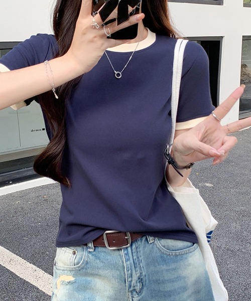 LAFFMO（ラフモ）の「リンガーベーシックTシャツ（Tシャツ/カットソー・レディース・ネイビー/ベージュ・L/M）」の10枚目の写真