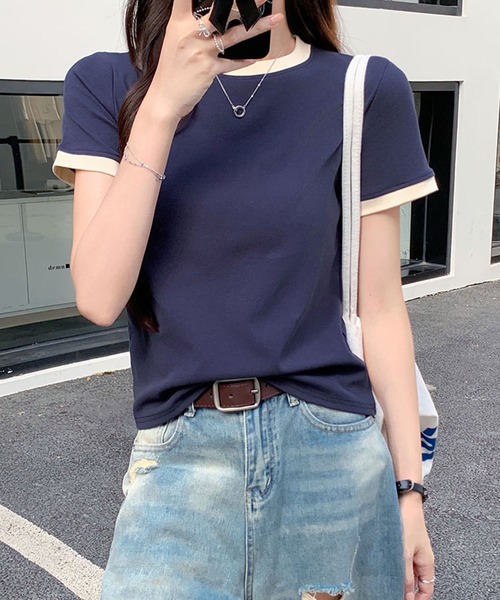 LAFFMO（ラフモ）の「リンガーベーシックTシャツ（Tシャツ/カットソー・レディース・ネイビー/ベージュ・L/M）」の11枚目の写真