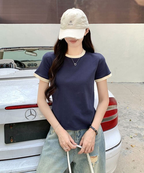 LAFFMO（ラフモ）の「リンガーベーシックTシャツ（Tシャツ/カットソー・レディース・ネイビー/ベージュ・L/M）」の12枚目の写真