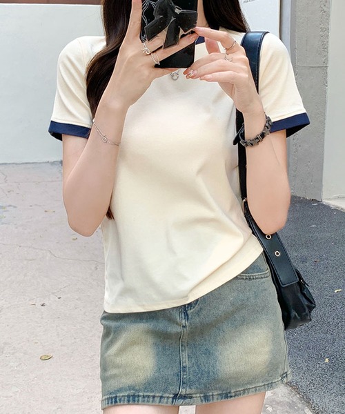 LAFFMO（ラフモ）の「リンガーベーシックTシャツ（Tシャツ/カットソー・レディース・ネイビー/ベージュ・L/M）」の4枚目の写真