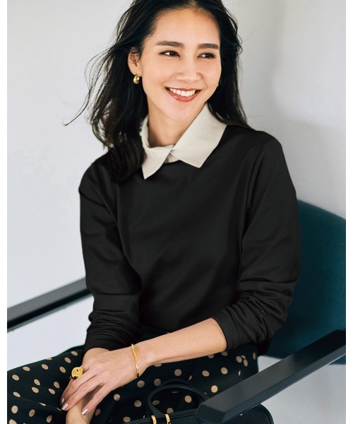 DoCLASSE（ ドゥクラッセ）の「超長綿・衿付きハイネックカットソー（Tシャツ/カットソー・レディース・ブラック×ホワイト/ブルーグレー/ブルー/グリーン/ブラック/オフホワイト/ライトオレンジ系/ダークネイビー/サーモンピンク・S/M/L/LL/XL/3L）」の3枚目の写真