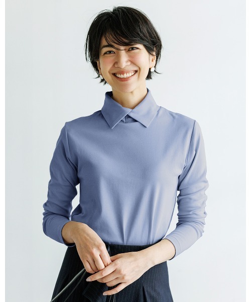 DoCLASSE（ ドゥクラッセ）の「超長綿・衿付きハイネックカットソー（Tシャツ/カットソー・レディース・ブラック×ホワイト/ブルーグレー/ブルー/グリーン/ブラック/オフホワイト/ライトオレンジ系/ダークネイビー/サーモンピンク・S/M/L/LL/XL/3L）」の4枚目の写真