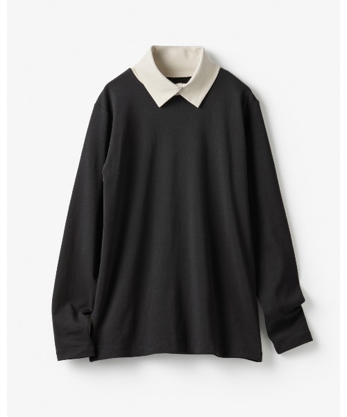 DoCLASSE（ ドゥクラッセ）の「超長綿・衿付きハイネックカットソー（Tシャツ/カットソー・レディース・ブラック×ホワイト/ブルーグレー/ブルー/グリーン/ブラック/オフホワイト/ライトオレンジ系/ダークネイビー/サーモンピンク・S/M/L/LL/XL/3L）」の20枚目の写真
