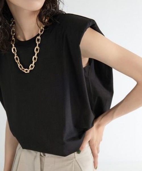 Ritzy（リッツィー）の「パッド付き肩デザイン ゆったりノースリーブトップス（Tシャツ/カットソー・レディース・ブラック/ホワイト・L/M）」の4枚目の写真