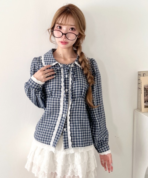 Loueme（ルエム）の「ロングスリーブチェックレースブラウス（シャツ/ブラウス・レディース・ネイビー/ブラック/アイボリー・FREE）」の3枚目の写真