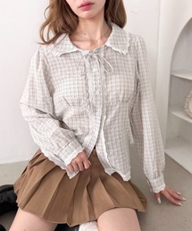 ロングスリーブチェックレースブラウス
