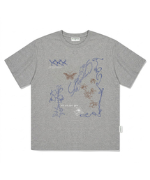 ラインハンドドローイングプリント半袖Tシャツメランジェグレー