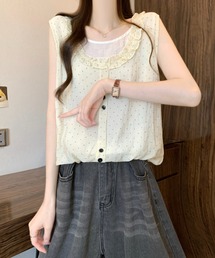 フリルカラードットノースリーブブラウス