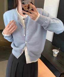 レイヤード風 バイカラーニットカーディガン / フェイクアンサンブル