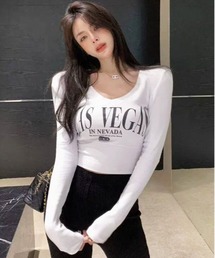 【EIZZ/アイズ】LAS VEGAS ロゴプリント 深Vネック クロップド 長袖 Tシャツ