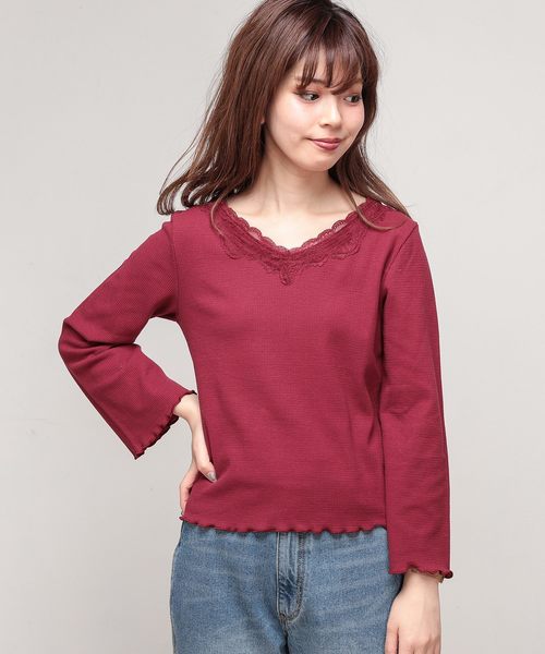 natural couture(ナチュラルクチュール)の「衿レースワッフルプルオーバー(Tシャツ/カットソー・レディース・オフホワイト/キャメル/レッド/ブラック・FREE)」の4枚目の写真