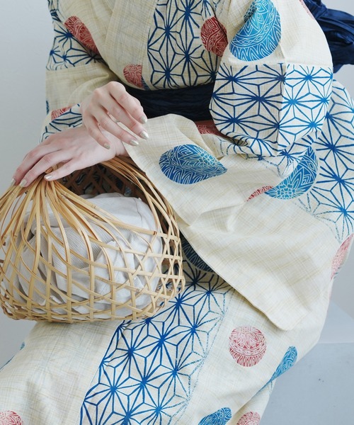 浴衣3点セット 綿麻 紺色の麻の葉と鞠（浴衣）｜utatane