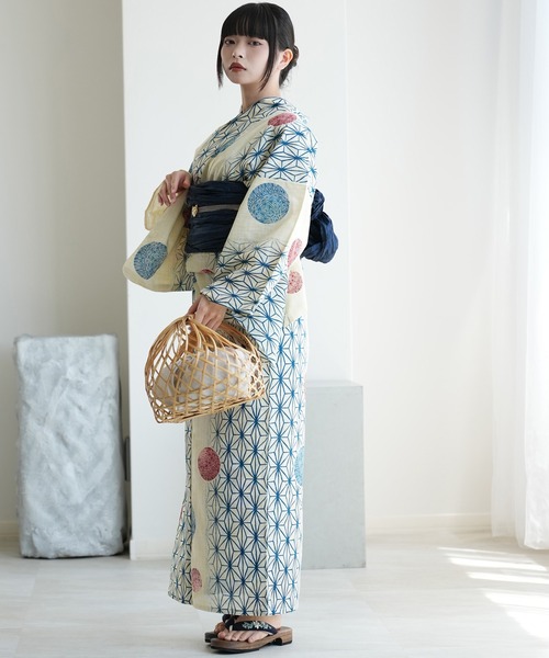 utatane(ウタタネ)の「浴衣3点セット 綿麻 紺色の麻の葉と鞠(浴衣・レディース・ナチュラル・FREE)」の12枚目の写真