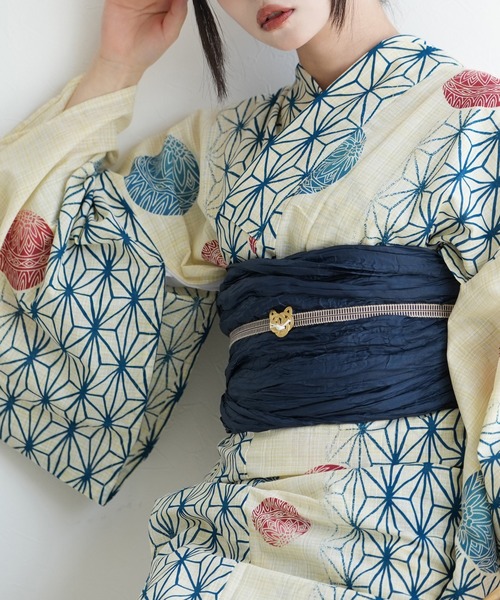 utatane(ウタタネ)の「浴衣3点セット 綿麻 紺色の麻の葉と鞠(浴衣・レディース・ナチュラル・FREE)」の7枚目の写真