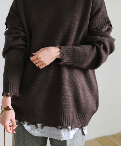 select MOCA(セレクトモカ)の「クラッシュデザインオーバーニット(ニット/セーター・レディース・ダークブラウン/オフホワイト/テラコッタ・FREE)」の18枚目の写真